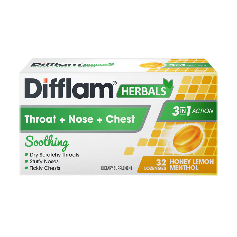 Difflam Herbals 3-in-1 Lozenges Honey Lemon Menthol 32s