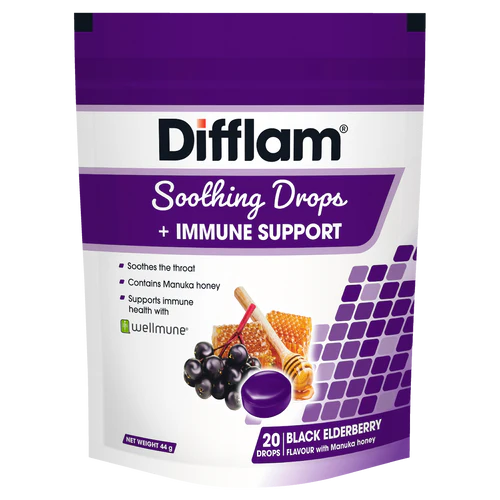 Difflam Soothing Throat Drops + Immune Support Black Elderberry Flavour 20 Drops