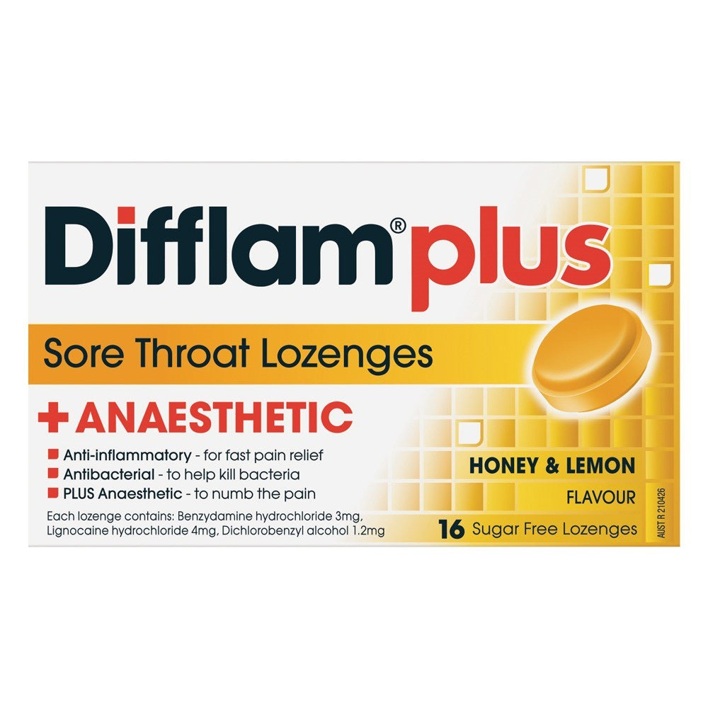 Difflam Plus | Anaesthetic Sore Throat Lozenges | Honey/Lemon | 16 Pack